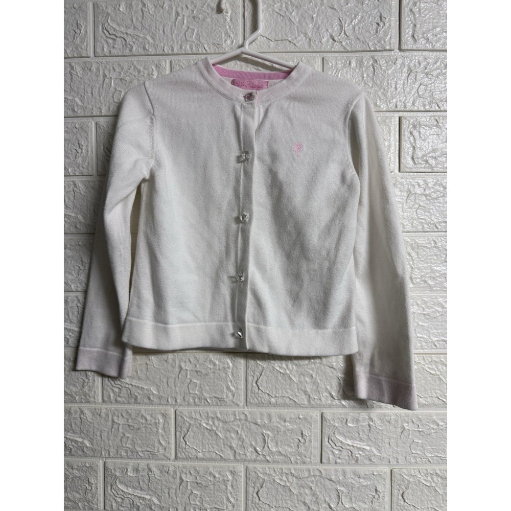 Lilly Pulitzer Girls White 100% Cotton Diamond Like Buttons Cardigan. Size 5